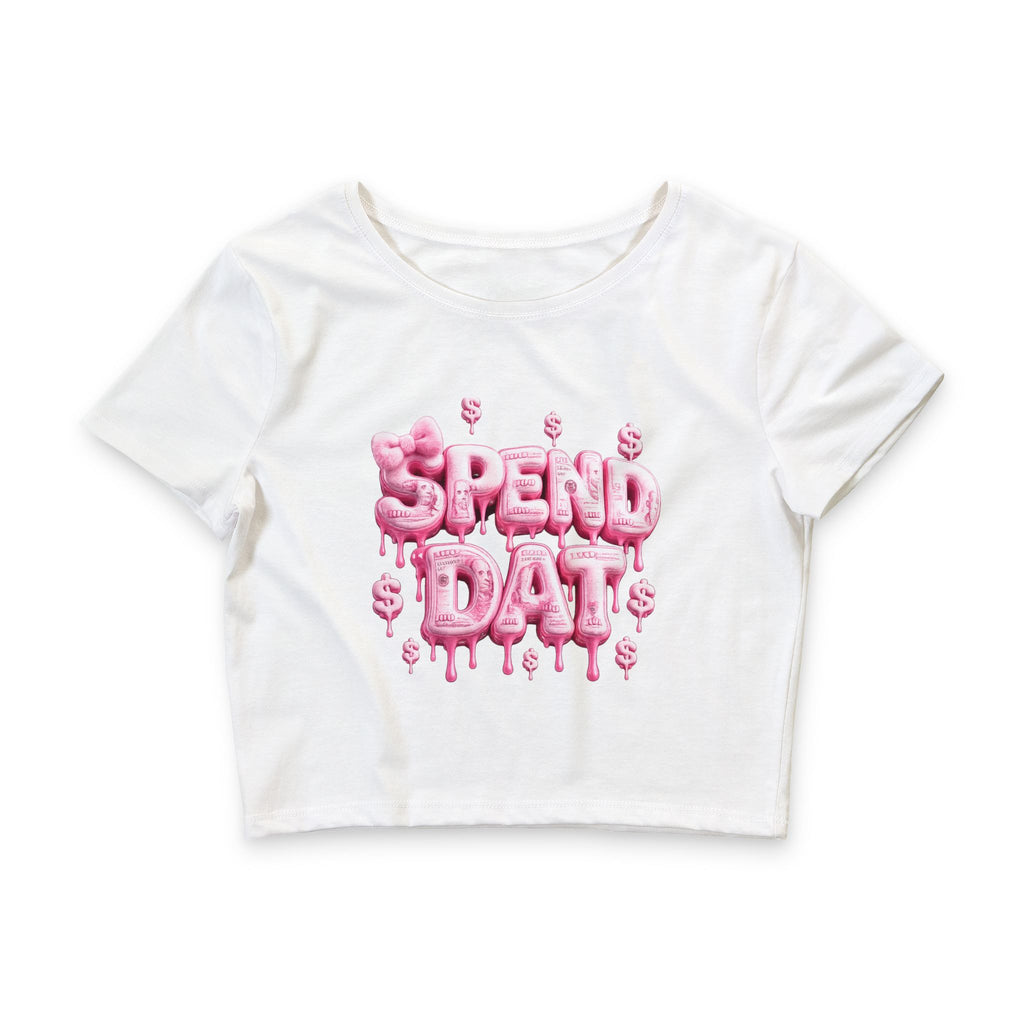 Crop Tee — Pink "Spend Dat" Bubble Money Graphic