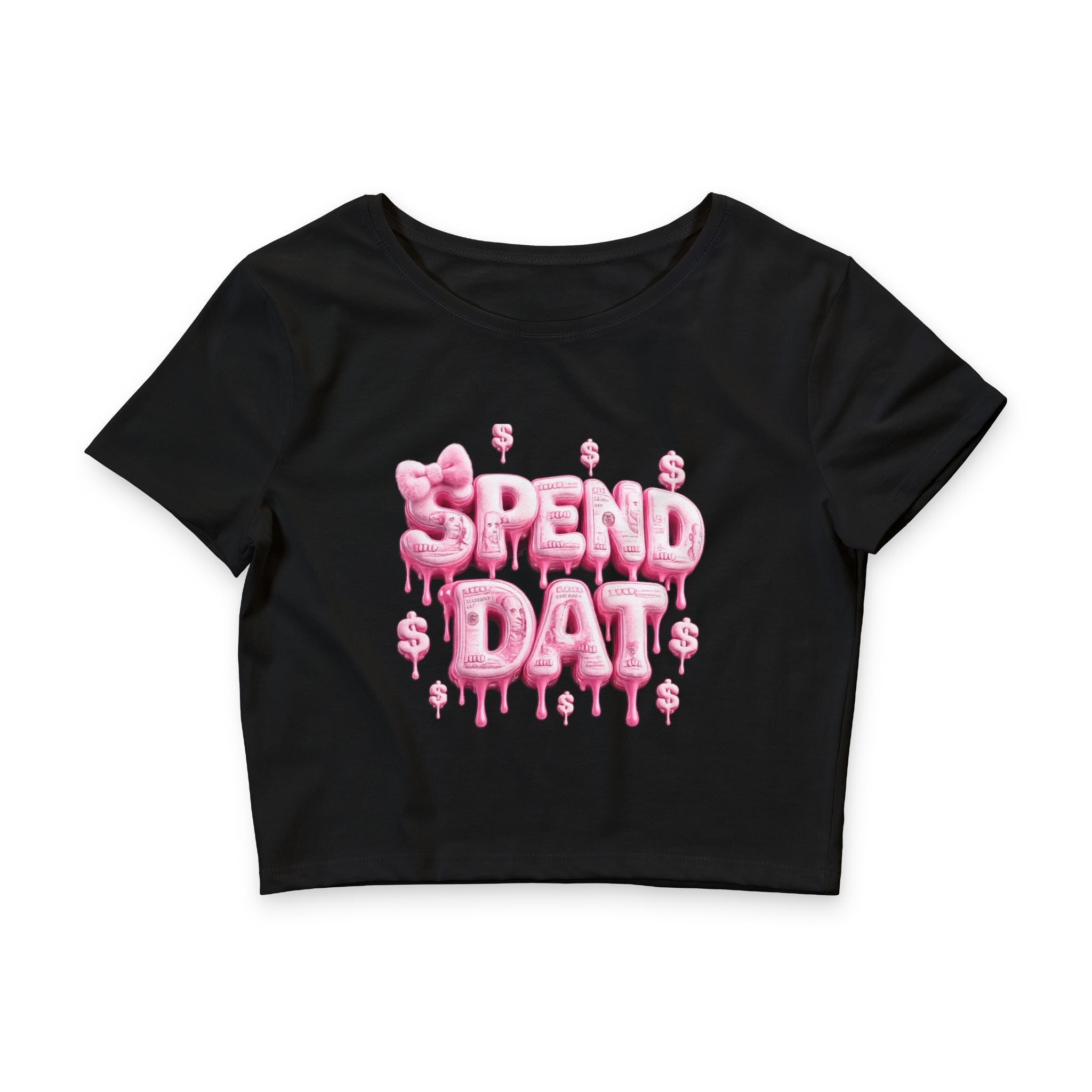 Crop Tee — Pink "Spend Dat" Bubble Money Graphic