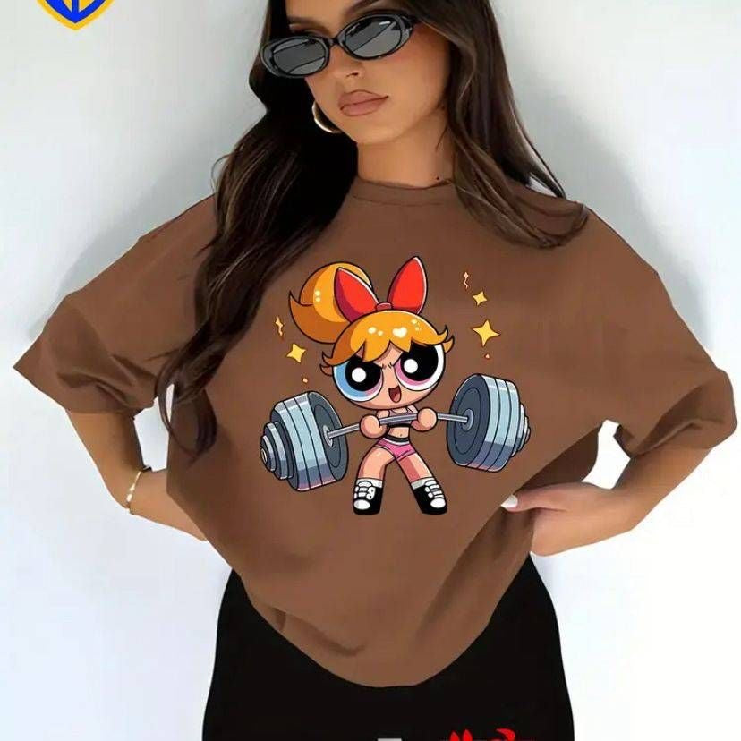 Powerpuff Girl Weightlifting Tee — Cute Strong Cartoon Fitness Shirt