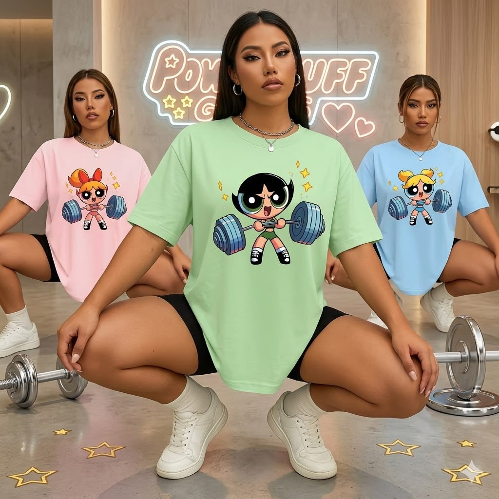 Power Puff Weightlifter Tee — Cute Cartoon Strength T-Shirt