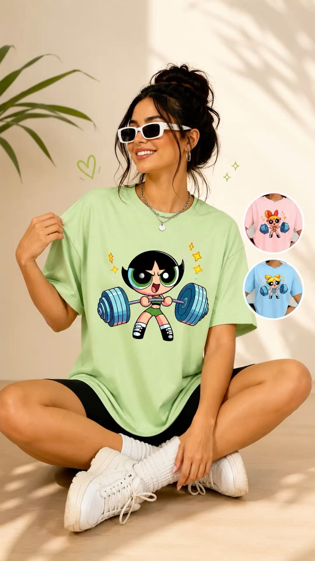 Power Puff Weightlifter Tee — Cute Cartoon Strength T-Shirt