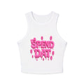 Racer Tank — Pink Drip “Spend Day” Graphic Crop Top